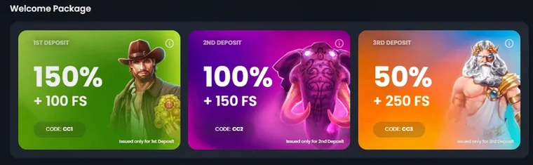 Crownz Casino — 1st: 150% up to €1000 + 100 FS; 2nd: 100% up to €1500 + 150 FS; 3rd: 50% up to €2500 + 250 FS